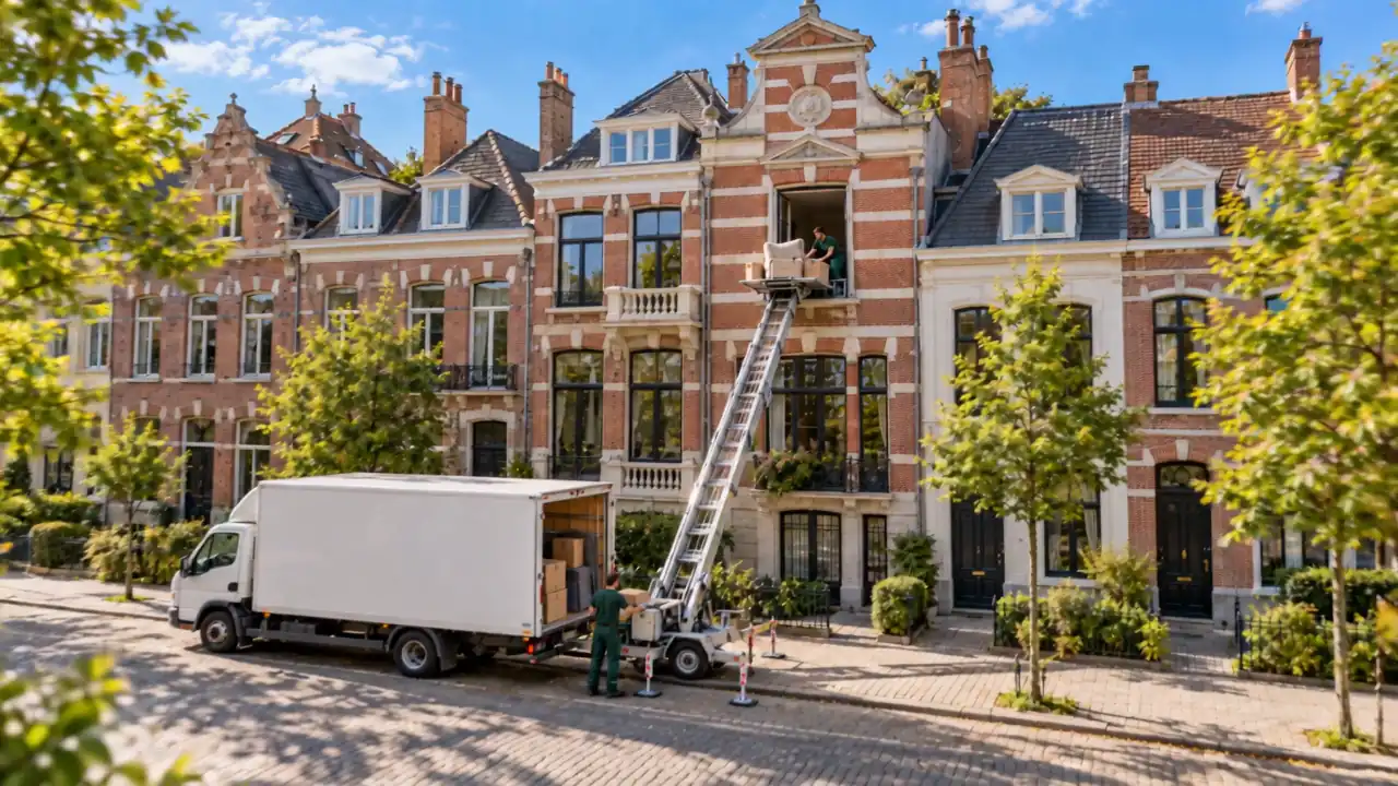 Ladderlift langs de gevel van een Antwerps herenhuis, met een verhuiswagen voor de deur