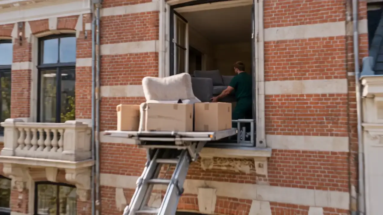 Ladderliftplatform met een zetel en verhuisdozen aan een open raam op de bovenverdieping