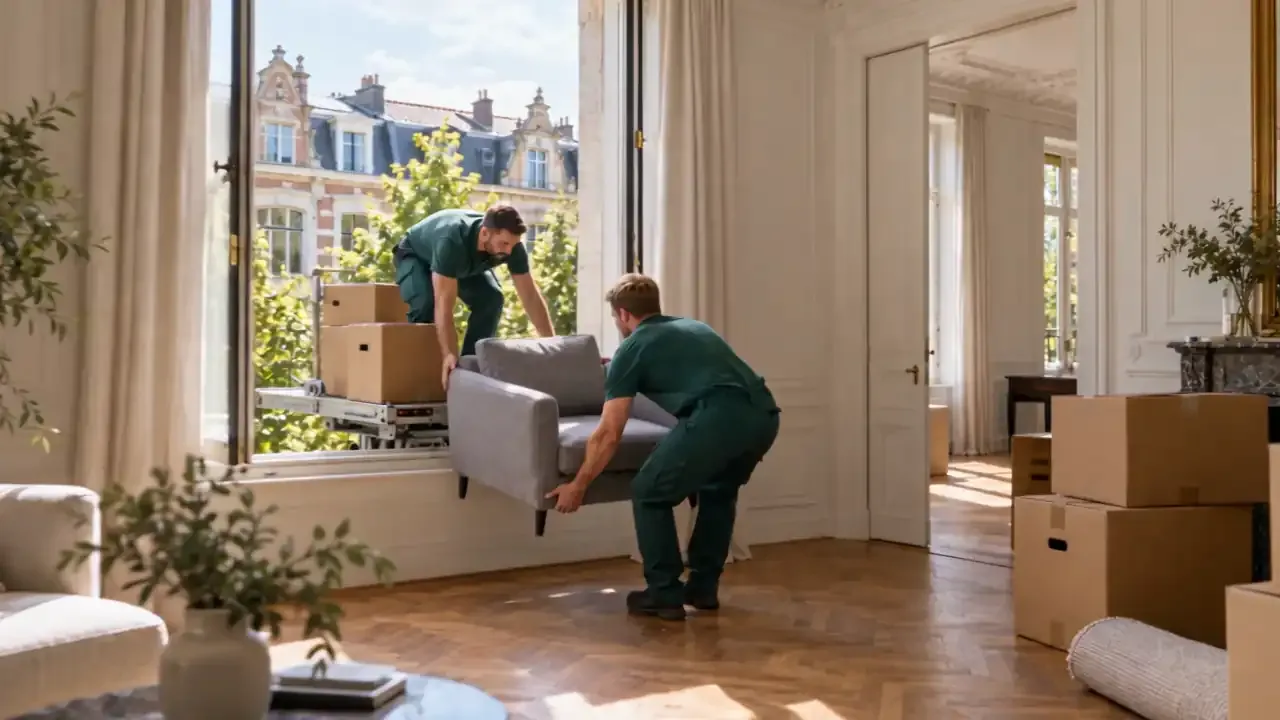 Twee medewerkers tillen een zetel van het ladderliftplatform door het raam naar binnen