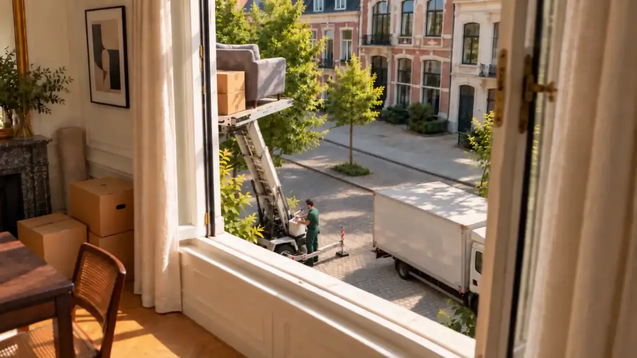 Zicht vanuit een raam op de ladderlift en de verhuiswagen beneden in de straat